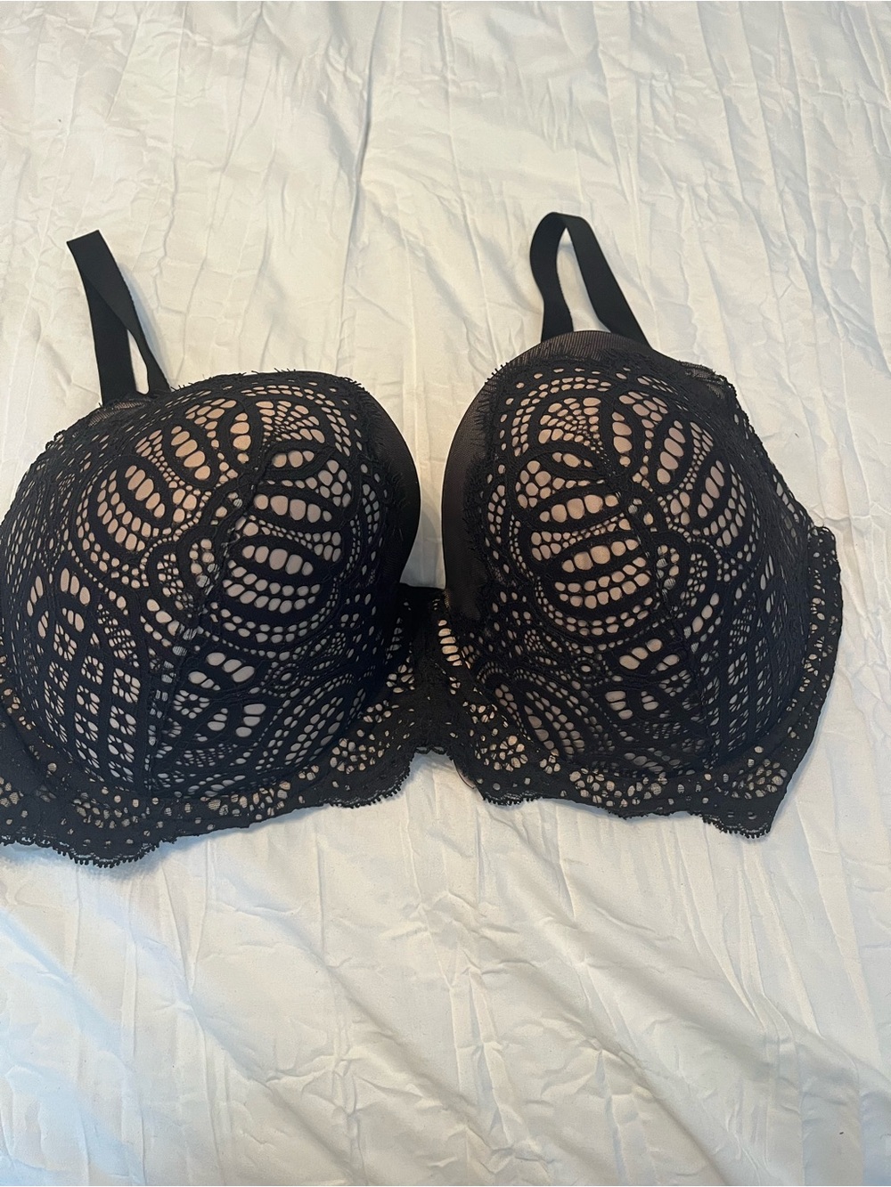 Victoria's Secret Black Lace Underwire Bra with Patterned Overlay